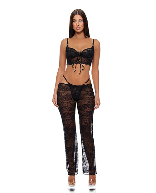 Forplay Layer of Seduction Lace Bra, Thong, &amp; Pants 3 pc Set - Black XL
