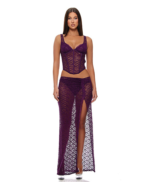 Forplay Feel Me Lace Bustier, Panty, &amp; Skirt 3 pc set - Purple LG