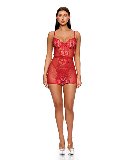 Forplay La Vie En Rose Metallic Embroidered Chemise, Panty &amp; Belt 3 pc Set - Red XL