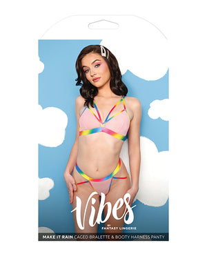 Vibes by Fantasy Lingerie Vibes Make it Rain Caged Bralette &amp; Panty w/Booty Rainbow L/XL - Image 3