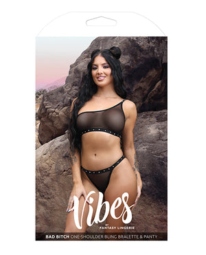 Vibes by Fantasy Lingerie Vibes Bad Bitch One Shoulder Bling Bralette &amp; Panty Black M/L - Image 3