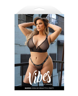 Vibes by Fantasy Lingerie Vibes Baddie Glitter Mesh Long Line Bralette &amp; Thong Black QN - Image 3