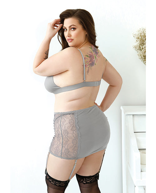 Curve by Fantasy Lingerie Curve Layne Lace &amp; Microfiber Bralette w/Garter Skirt &amp; G-String Gray 3X/4X - Image 2