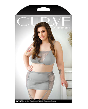 Curve by Fantasy Lingerie Curve Layne Lace &amp; Microfiber Bralette w/Garter Skirt &amp; G-String Gray 3X/4X - Image 3