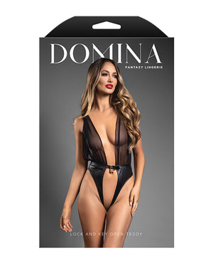 Domina by Fantasy Domina Plunge Front Sheer Mesh &amp; Vegan Leather Teddy w/Lock &amp; Key - Black M/L - Image 4