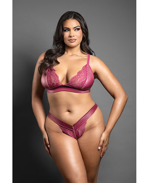 Domina by Fantasy Domina Lace Bralette &amp; Panty in Leatherette w/Zipper Detail - Berry QN
