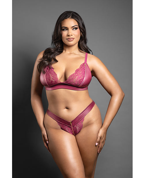 Domina by Fantasy Domina Lace Bralette &amp; Panty in Leatherette w/Zipper Detail - Berry QN