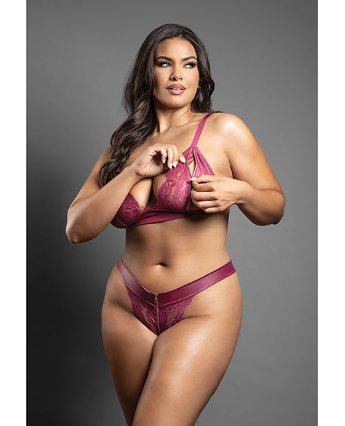 Domina by Fantasy Domina Lace Bralette &amp; Panty in Leatherette w/Zipper Detail - Berry QN - Image 2