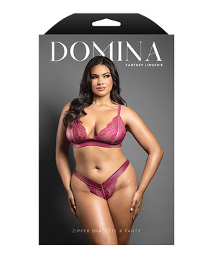 Domina by Fantasy Domina Lace Bralette &amp; Panty in Leatherette w/Zipper Detail - Berry QN - Image 4