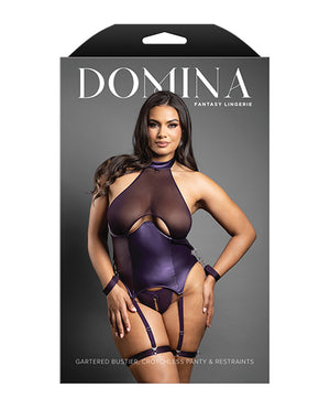 Domina by Fantasy Domina Mesh Gartered Bustier &amp; Crotchless panty Set w/Restraints - Purple QN - Image 3