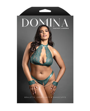 Domina by Fantasy Domina Lace Bralette &amp; Open Panty w/Detachable Chain-Link Handcuffs - Green QN - Image 3