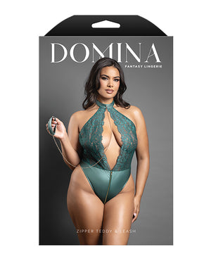 Domina Lace Halter Teddy w/Zipper Detail & Detachable Chain-Link Leash - Green QN - Image 3
