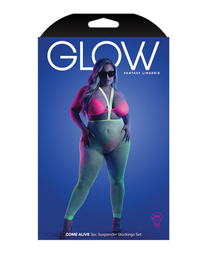 Glow by Fantasy Lingerie Glow Come Alive Suspender Stockings, Bralette &amp; G-String Multi Color QN