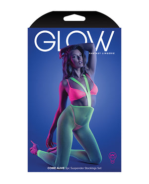 Glow by Fantasy Lingerie Glow Come Alive Suspender Stockings, Bralette &amp; G-String Multi Color O/S - Image 4