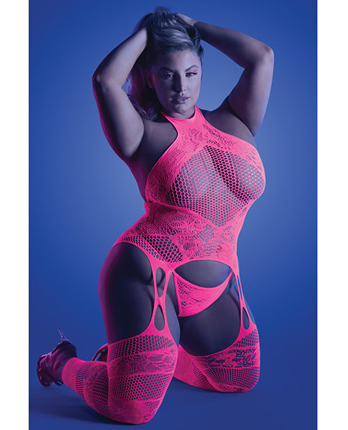Glow by Fantasy Lingerie Glow Captivating Halter Bodystocking &amp; G-String Neon Pink QN