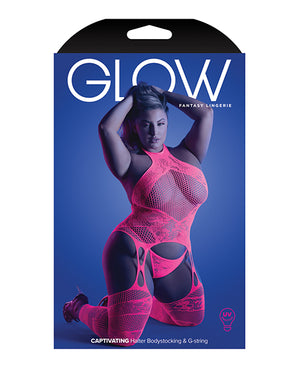 Glow by Fantasy Lingerie Glow Captivating Halter Bodystocking &amp; G-String Neon Pink QN - Image 3