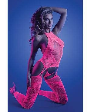 Glow by Fantasy Lingerie Glow Captivating Halter Bodystocking &amp; G-String Neon Pink O/S