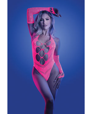 Glow by Fantasy Lingerie Glow Flashback Black Light Reactive Rhinestone Teddy w/Gloves (or Leg Warmers) - Neon Pink O/S