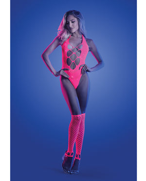 Glow by Fantasy Lingerie Glow Flashback Black Light Reactive Rhinestone Teddy w/Gloves (or Leg Warmers) - Neon Pink O/S - Ima