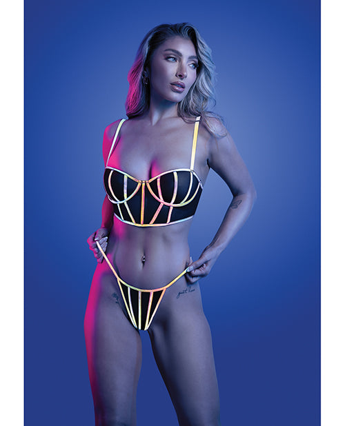 Glow by Fantasy Lingerie Solar Flare Flash Reflective Binding Underwire Bra &amp; Thong - Black L/XL