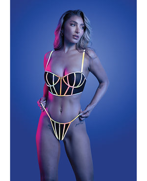 Glow by Fantasy Lingerie Solar Flare Flash Reflective Binding Underwire Bra &amp; Thong - Black L/XL