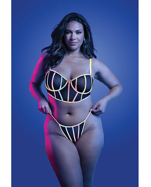 Glow by Fantasy Lingerie Solar Flare Flash Reflective Binding Underwire Bra &amp; Thong - Black QN