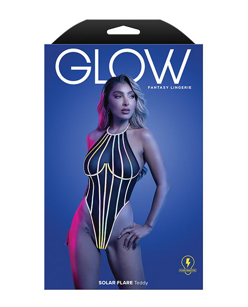 Glow by Fantasy Lingerie Solar Flare Flash Reflective Binding Halter Tie Teddy - Black S/M