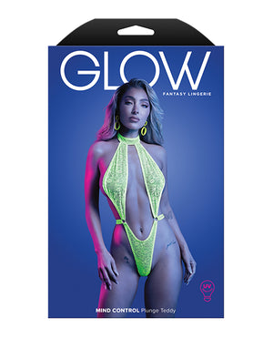Glow by Fantasy Lingerie Mind Control UV Reactive Lace Halter Teddy - Neon Green M/L - Image 3