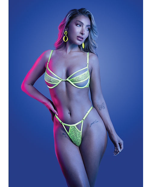 Glow by Fantasy Lingerie Mind Control UV Reactive Lace and Mesh Underwire Bra &amp; Thong - Neon Green L/XL