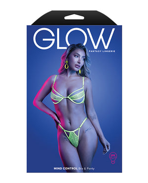 Glow by Fantasy Lingerie Mind Control UV Reactive Lace and Mesh Underwire Bra &amp; Thong - Neon Green M/L - Image 3