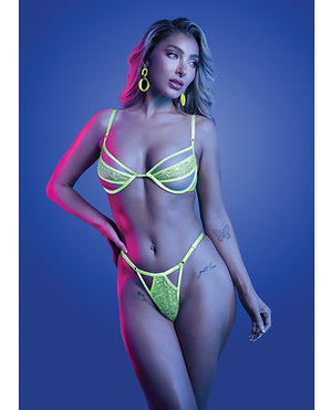 Glow by Fantasy Lingerie Mind Control UV Reactive Lace and Mesh Underwire Bra &amp; Thong - Neon Green S/M