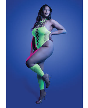 Pressure Point UV Reactive Rhinestone Studded Teddy & Gloves/Leg Warmers 2 pc Set - Neon Green QN - Image 2