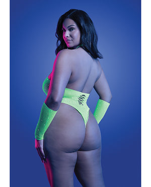Pressure Point UV Reactive Rhinestone Studded Teddy & Gloves/Leg Warmers 2 pc Set - Neon Green QN - Image 3