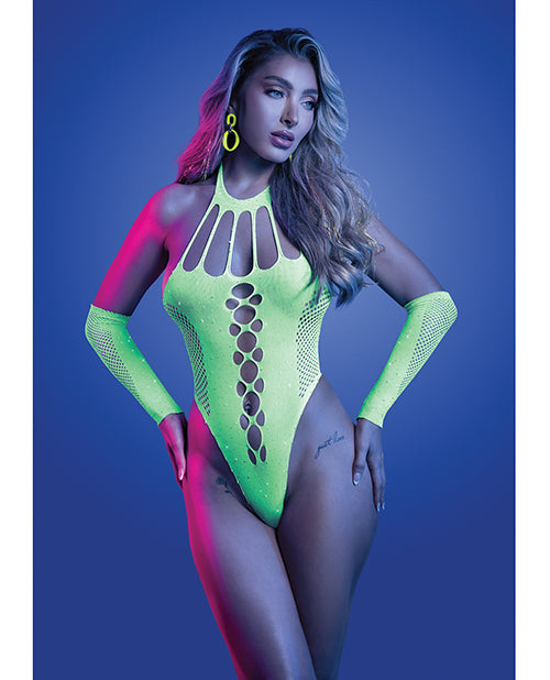 Glow by Fantasy Lingerie Pressure Point UV Reactive Rhinestone Studded Teddy &amp; Gloves/Leg Warmers 2 pc Set - Neon Green O