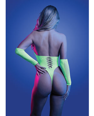 Glow by Fantasy Lingerie Pressure Point UV Reactive Rhinestone Studded Teddy &amp; Gloves/Leg Warmers 2 pc Set - Neon Green O