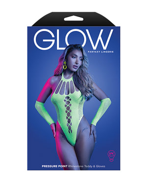 Glow by Fantasy Lingerie Pressure Point UV Reactive Rhinestone Studded Teddy &amp; Gloves/Leg Warmers 2 pc Set - Neon Green O