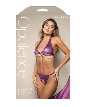 Opulence by Fantasy Opulence Shimmer Mesh Halter Top &amp; Panty w/Pearl Details - Purple S/M - Image 3