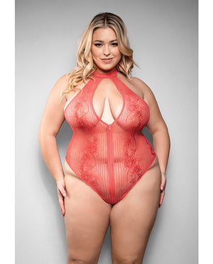 Temptress by Fantasy Temptress Calliope Striped Sheer Floral Lace Zippered Teddy - Coral 1X/2X