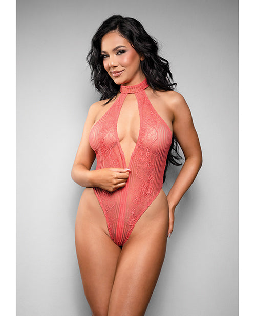 Temptress Calliope Striped Sheer Floral Lace Zippered Teddy - Coral M/L - Image 2