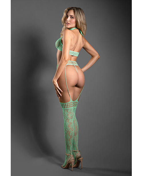 Sheer Heart Of Glass Lace Knit Halter Top w/G-String & Gartered Stockings 3 pc Set - Mint O/S - Image 2