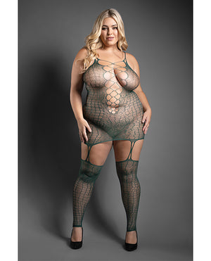 Sheer by Fantasy Sheer Wild Heart Reptile Print Bodystocking Dress w/Attached Stockings - Green QN