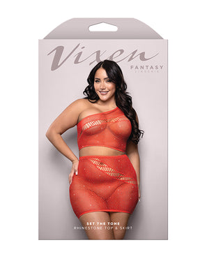 Vixen Set The Tone Rhinestone Knit One Shoulder Top w/Skirt 2 pc Set - Red QN - Image 3