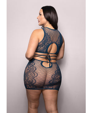 Vixen Floral Lace Knit Tie Back Top w/Skirt 2 pc Set - Navy QN - Image 2