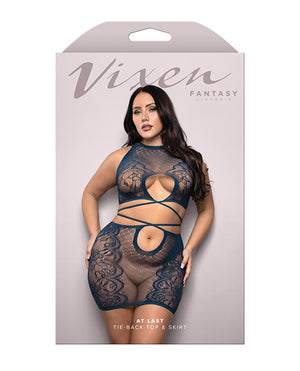 Vixen Floral Lace Knit Tie Back Top w/Skirt 2 pc Set - Navy QN - Image 3