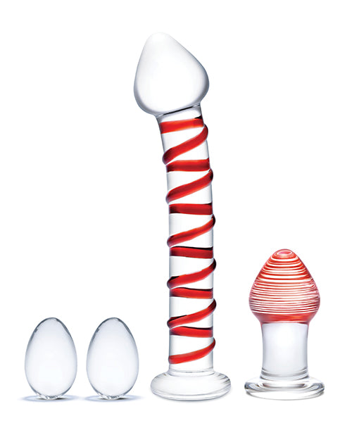 Glas Glas 4 pc Mr. Swirly Set w/Glass Kegel Balls &amp; 3.25" Butt Plug - Red