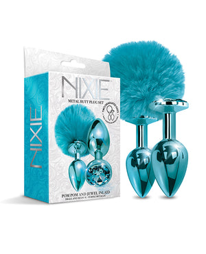 Nixie Nixie Metal Butt Plug Set w/Jewel Inlaid &amp; Pom Pom - Blue Metallic - Image 2