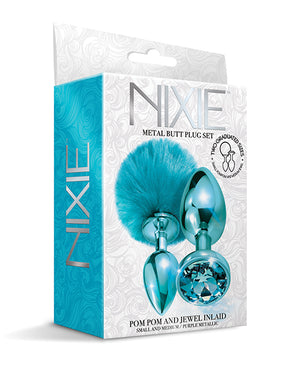 Nixie Nixie Metal Butt Plug Set w/Jewel Inlaid &amp; Pom Pom - Blue Metallic - Image 3