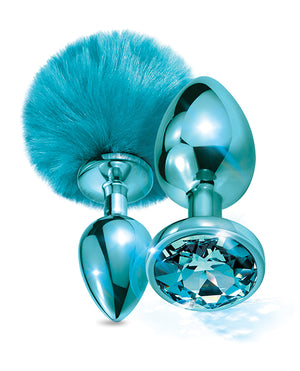 Nixie Nixie Metal Butt Plug Set w/Jewel Inlaid &amp; Pom Pom - Blue Metallic