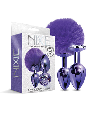 Nixie Nixie Metal Butt Plug Set w/Jewel Inlaid &amp; Pom Pom - Purple Metallic