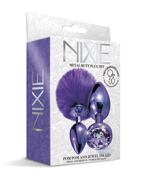 Nixie Nixie Metal Butt Plug Set w/Jewel Inlaid &amp; Pom Pom - Purple Metallic - Image 2